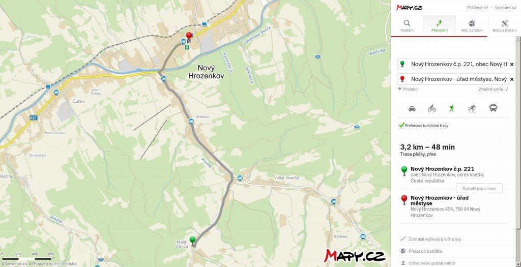 Mapa pěší trasy z chalupy Vranečka k památníků Antonína Strnadla.